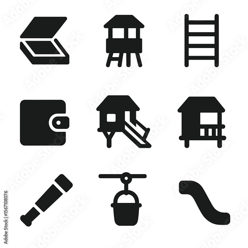 Treehouse Icon Set. Solid, filled icons set of creative treehouse features: trap door, lookout post, rope