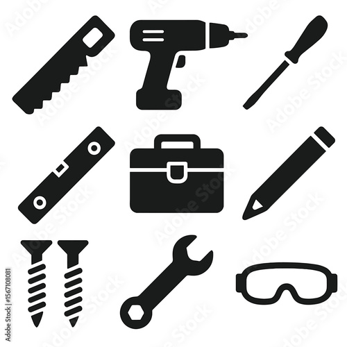 Treehouse Tools Icons. Solid, filled icons set of basic treehouse building tools: hand saw, cordless drill,