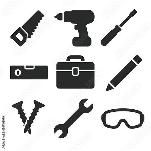 Treehouse Tools Icons. Solid, filled icons set of basic treehouse building tools: hand saw, cordless drill,