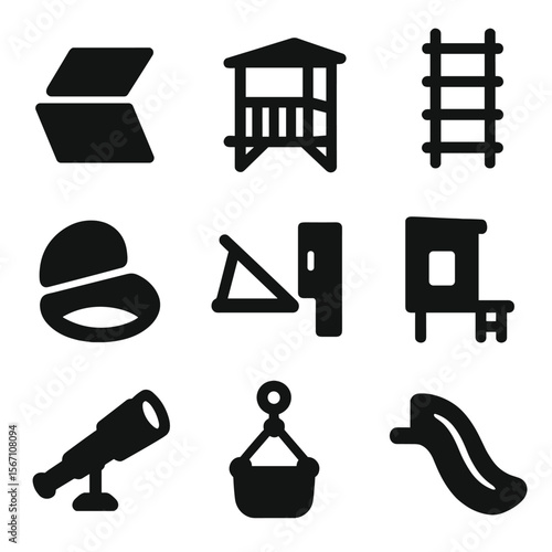 Treehouse Icon Set. Solid, filled icons set of creative treehouse features: trap door, lookout post, rope