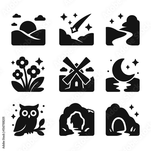 Twilight Valley Icons. Solid, filled icons set of twilight valley settings: dusky sky, starfall, glowing