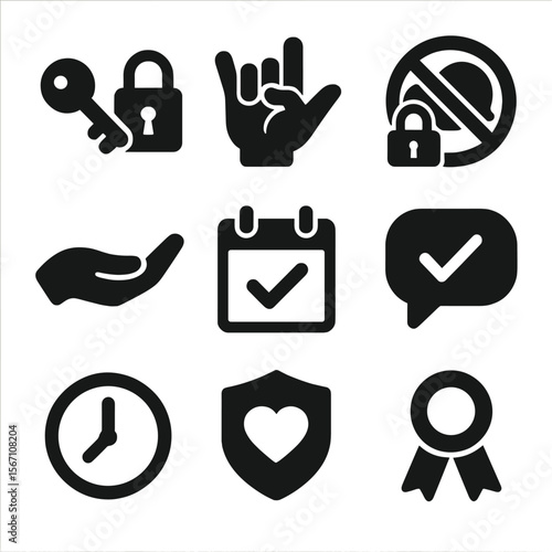 Trust Symbols Grid. Solid, filled icons set of building trust daily: key and lock, promise hand, no secrets