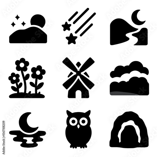 Twilight Valley Icons. Solid, filled icons set of twilight valley settings: dusky sky, starfall, glowing