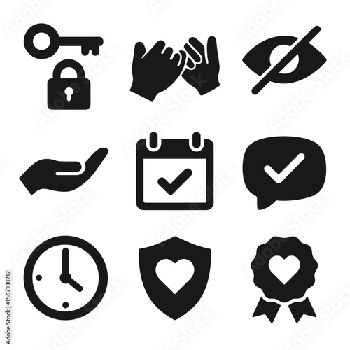 Trust Symbols Grid. Solid, filled icons set of building trust daily: key and lock, promise hand, no secrets