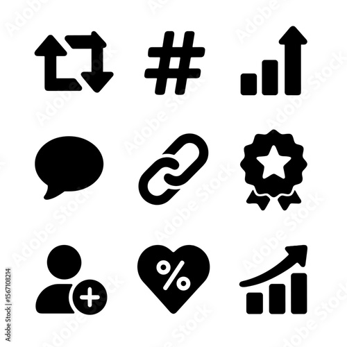 Twitter Analytics Icons. Solid, filled icons set of Twitter/X analytics: retweets, hashtag reach, impressions
