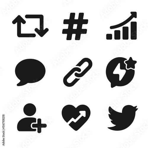 Twitter Analytics Icons. Solid, filled icons set of Twitter/X analytics: retweets, hashtag reach, impressions