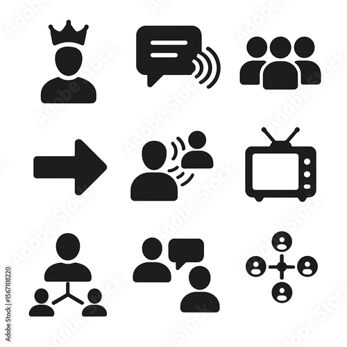 Two-Step Communication Icons. Solid, filled icons set of two-step flow of communication: opinion leader,