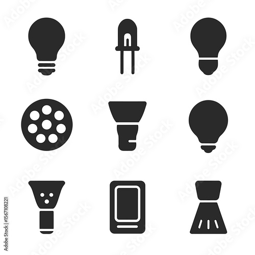 Types of Flashlight Bulbs. Solid, filled icons set of types of flashlight bulbs: incandescent bulb, halogen