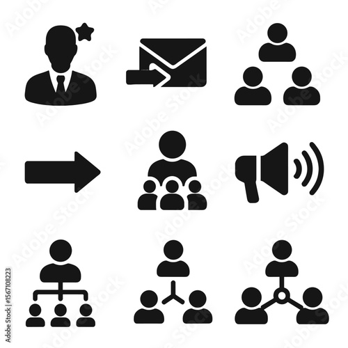 Two-Step Communication Icons. Solid, filled icons set of two-step flow of communication: opinion leader,