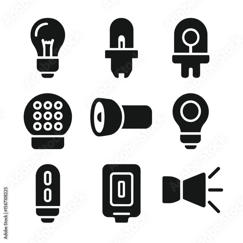 Types of Flashlight Bulbs. Solid, filled icons set of types of flashlight bulbs: incandescent bulb, halogen