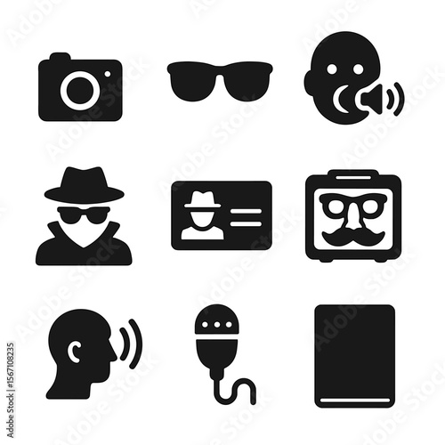 Undercover Tools Icons. Solid, filled icons set of undercover journalism: hidden camera, sunglasses, voice