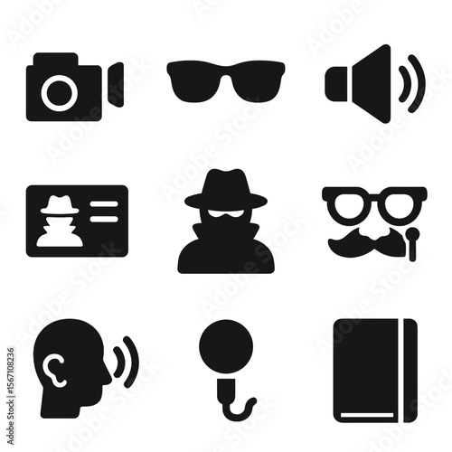 Undercover Tools Icons. Solid, filled icons set of undercover journalism: hidden camera, sunglasses, voice