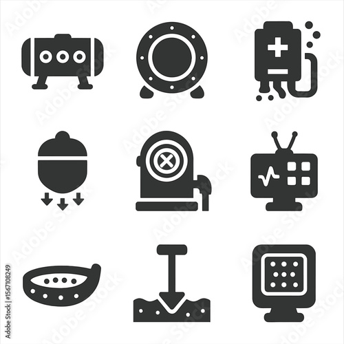 Underwater Habitat Icons. Solid, filled icons set of underwater habitat modules: pressure chamber, observation