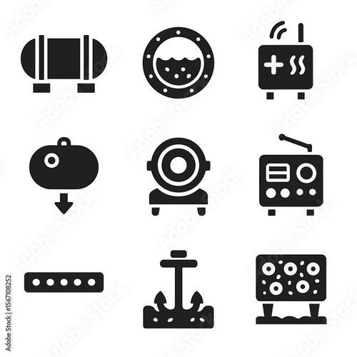 Underwater Habitat Icons. Solid, filled icons set of underwater habitat modules: pressure chamber, observation