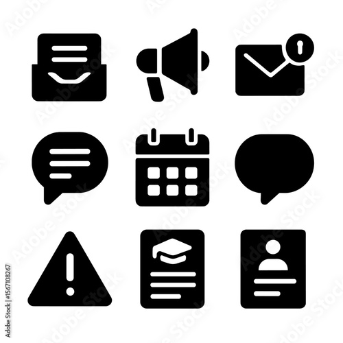 University Communication Icons. Solid, filled icons set of university communication tools: message inbox,