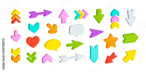 Set of 3D Arrows icons and Pointer signs in bright colors design. Editable simple forms and shapes in 3d style. Colorful vector pointer signs collection on white background