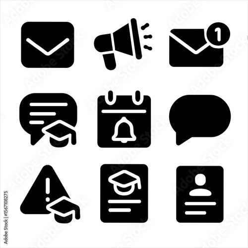 University Communication Icons. Solid, filled icons set of university communication tools: message inbox,
