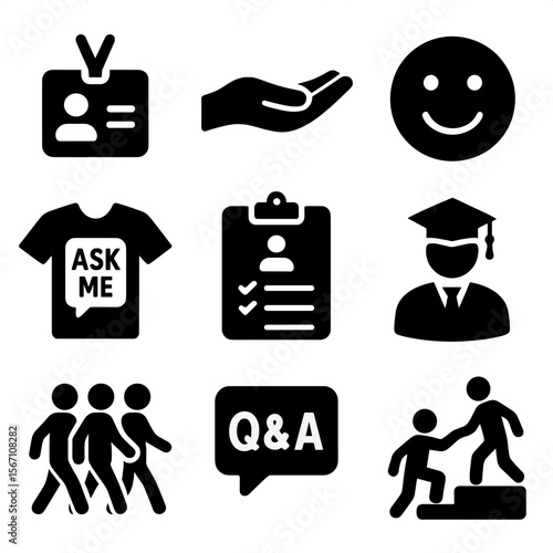 University Volunteer Icons. Solid, filled icons set of university orientation volunteers: lanyard badge,