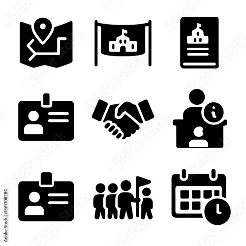 University Orientation Icons. Solid, filled icons set of student orientations and welcome events at