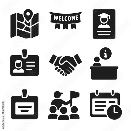 University Orientation Icons. Solid, filled icons set of student orientations and welcome events at