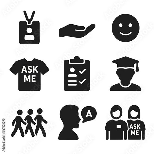 University Volunteer Icons. Solid, filled icons set of university orientation volunteers: lanyard badge,