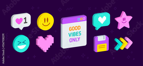 Funny 3D style reactions icons and social media elements. Cartoon stickers and signs set of happy emoticons characters, smile face, pc window, pixel heart, floppy, chat message etc. Editable 3d vector