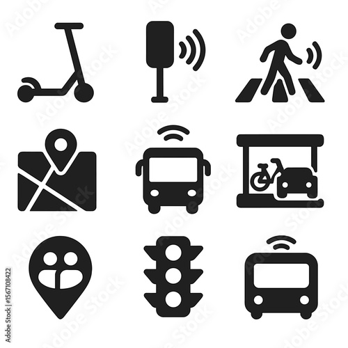 Urban Mobility Icons. Solid, filled icons set of urban mobility and IoT: electric scooter, traffic sensor,