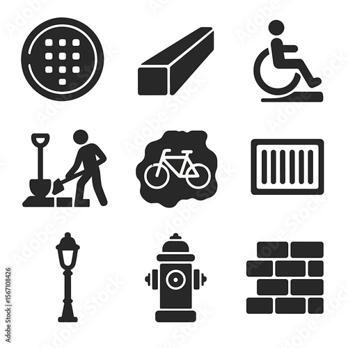 Urban Repair Icons. Solid, filled icons set of urban street repair: manhole cover, curb icon, pedestrian ramp,