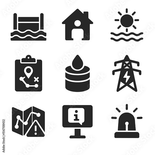 Urban Resilience Icons. Solid, filled icons set of urban resilience systems: flood barrier, emergency shelter,