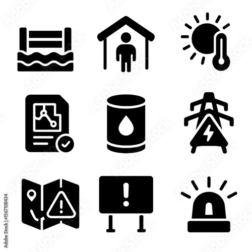 Urban Resilience Icons. Solid, filled icons set of urban resilience systems: flood barrier, emergency shelter,