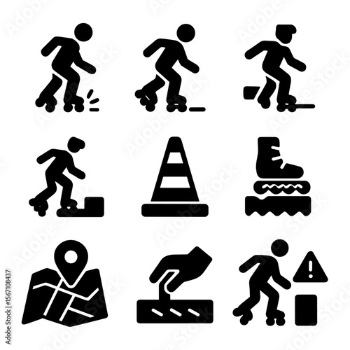 Urban Skating Icons. Solid, filled icons set of urban skating techniques: emergency stop, toe drag, sideways