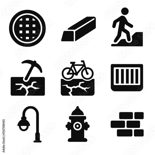 Urban Repair Icons. Solid, filled icons set of urban street repair: manhole cover, curb icon, pedestrian ramp,