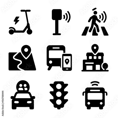 Urban Mobility Icons. Solid, filled icons set of urban mobility and IoT: electric scooter, traffic sensor,