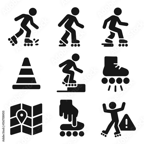 Urban Skating Icons. Solid, filled icons set of urban skating techniques: emergency stop, toe drag, sideways