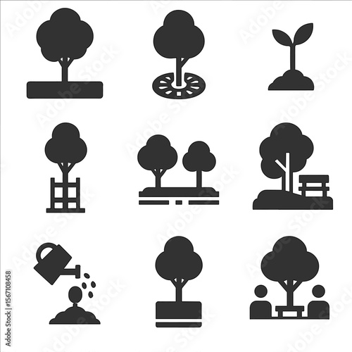 Urban Tree Planting Icons. Solid, filled icons set of urban tree planting: sidewalk planter, tree grate, city