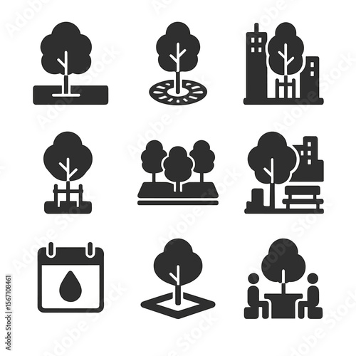 Urban Tree Planting Icons. Solid, filled icons set of urban tree planting: sidewalk planter, tree grate, city