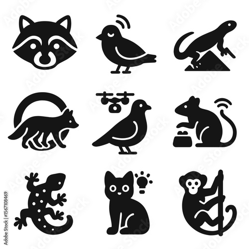 Urban Wildlife Icons. Solid, filled icons set of urban-evolved wildlife: neon-eyed raccoon, noise-resistant