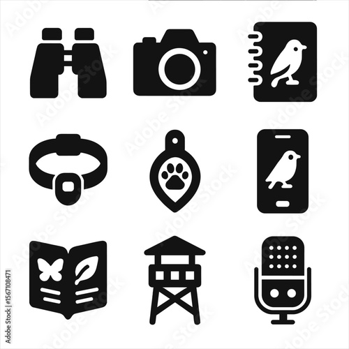 Urban Wildlife Tools. Solid, filled icons set of urban wildlife observation and study: binoculars, camera,