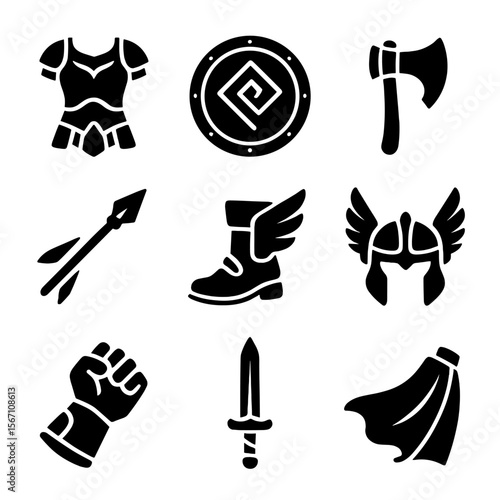 Valkyrie Armor Icons. Solid, filled icons set of valkyrie armor and weapons: plated armor, rune shield, battle