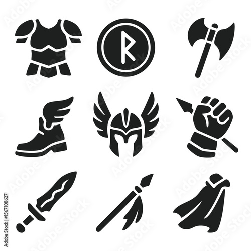 Valkyrie Armor Icons. Solid, filled icons set of valkyrie armor and weapons: plated armor, rune shield, battle