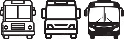 Three black and white line art icons of bus fronts on a white background transportation