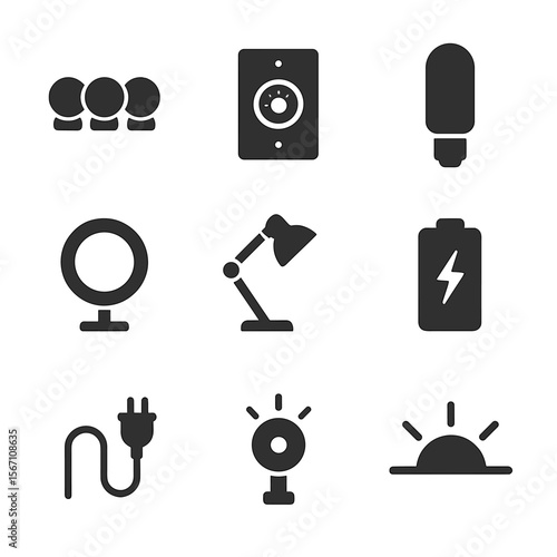 Vanity Mirror Lighting Icons. Solid, filled icons set of lighting for vanity mirror: LED bulbs, dimmer switch,