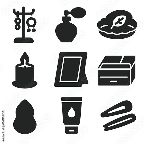 Vanity Table Icons. Solid, filled icons set of vanity table items: jewelry stand, perfume atomizer, decorative