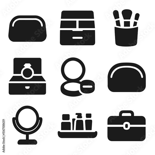 Vanity Storage Icons. Solid, filled icons set of vanity mirror storage: makeup bag, drawer organizer, brush