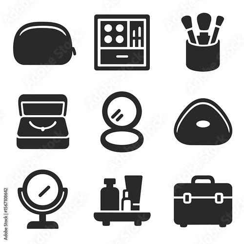 Vanity Storage Icons. Solid, filled icons set of vanity mirror storage: makeup bag, drawer organizer, brush