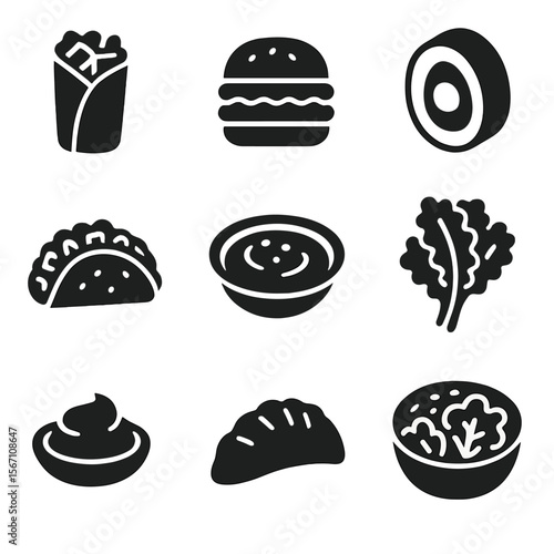Vegan Dish Icons. Solid, filled icons set of vegan fusion dishes: tofu wrap, plant-based burger, avocado roll,