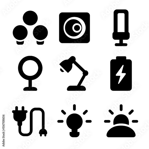 Vanity Mirror Lighting Icons. Solid, filled icons set of lighting for vanity mirror: LED bulbs, dimmer switch,