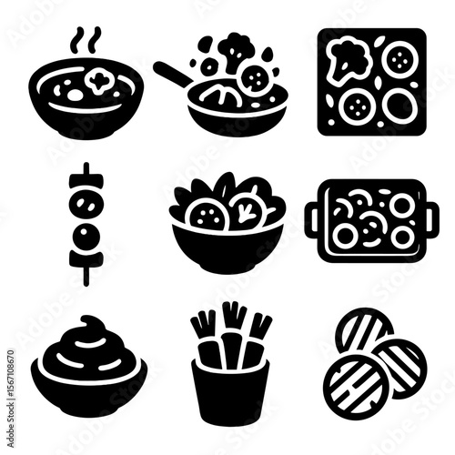 Vegetable Dishes Icons. Solid, filled icons set of vegetable dishes and recipes: vegetable soup, stir-fry pan,