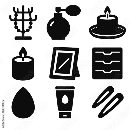 Vanity Table Icons. Solid, filled icons set of vanity table items: jewelry stand, perfume atomizer, decorative
