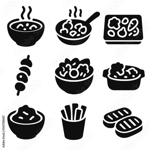 Vegetable Dishes Icons. Solid, filled icons set of vegetable dishes and recipes: vegetable soup, stir-fry pan,